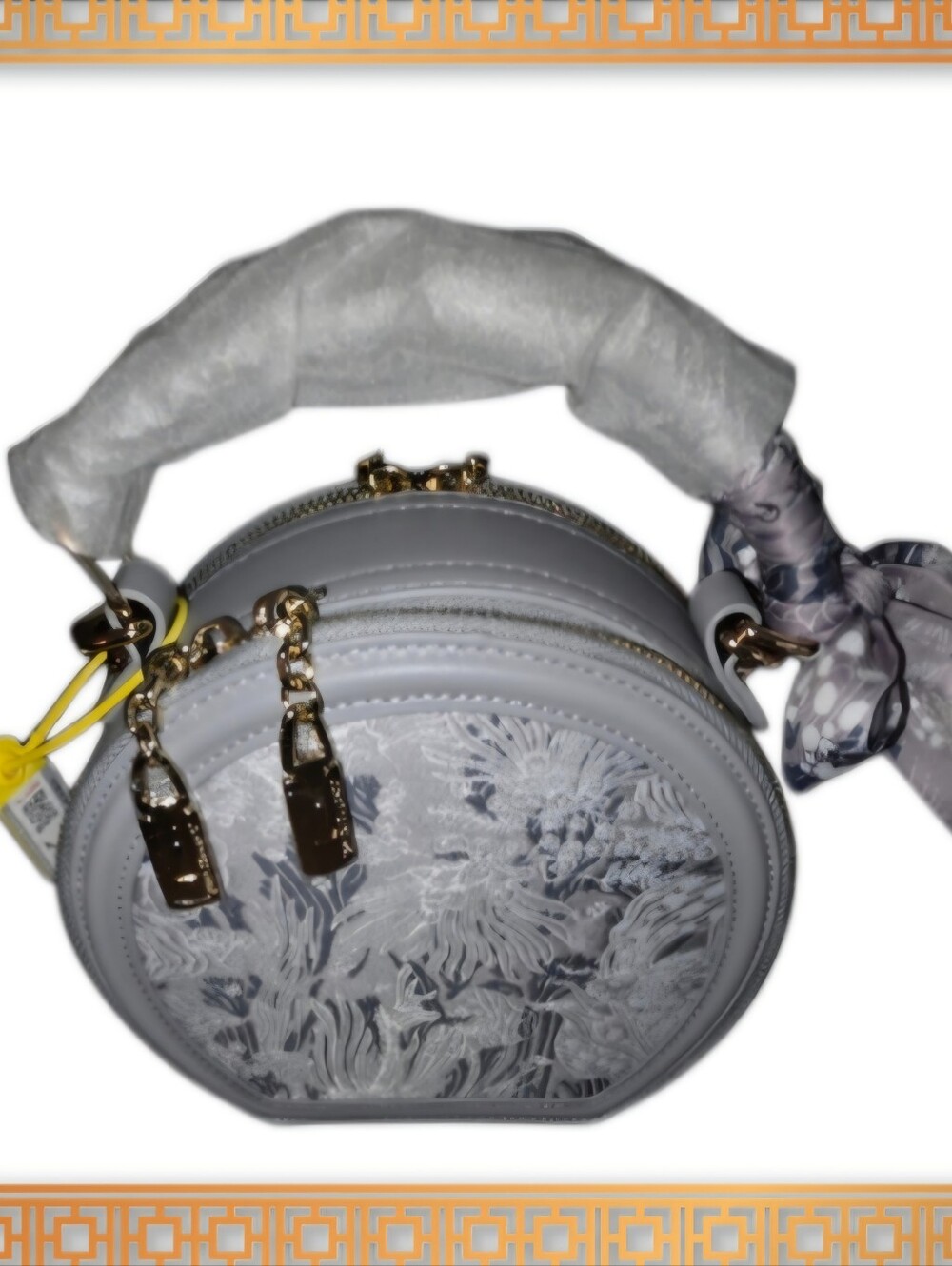 Brand New - Gray Round Handbag with Floral Butterfly Embossing